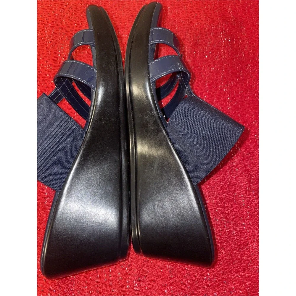 Italian Shoemakers Wedge Sandals Navy Blue Stretch Elastic Straps Italy 7 M